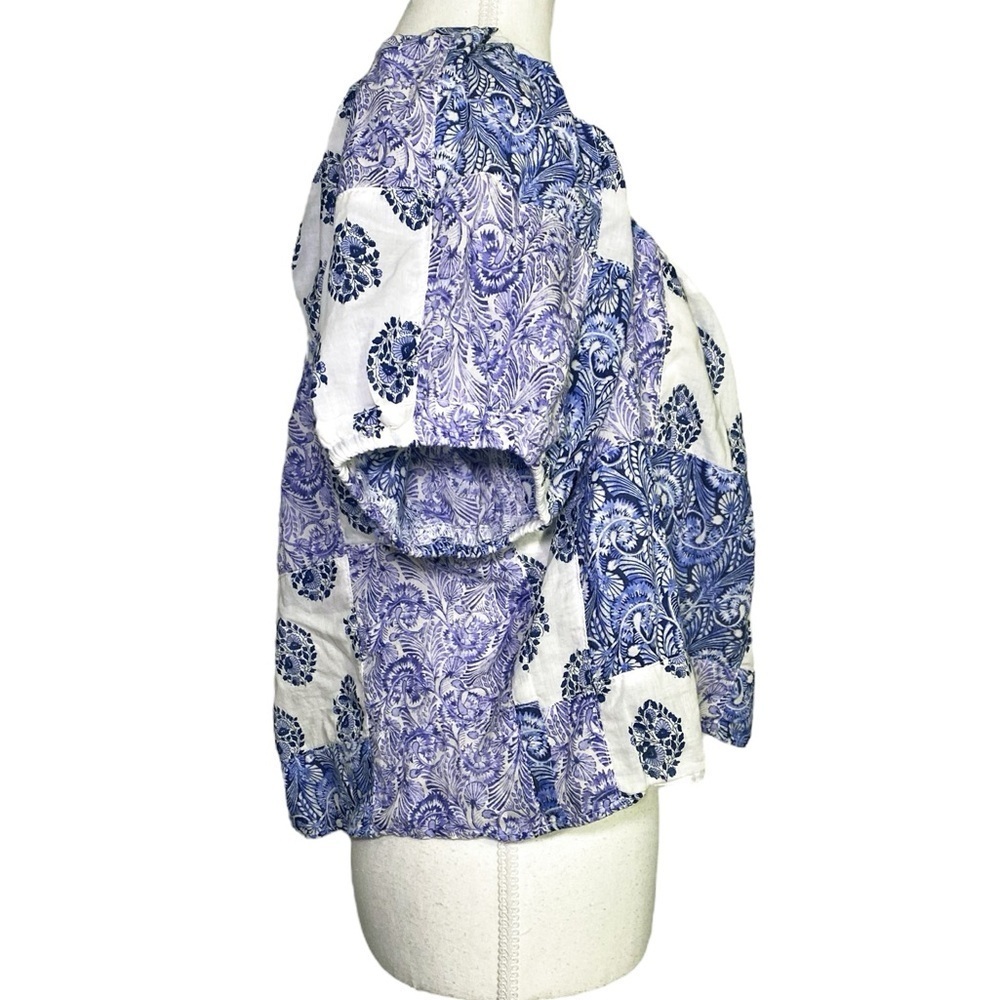 J. Crew Blue and White Patchwork Cropped Peasant Blouse - Picture 3 of 12
